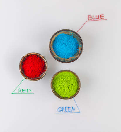 RGB color scheme concept depicted with colorful dyed powder on whiteboardの写真素材