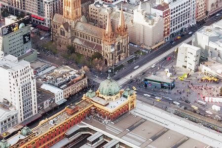 Melbourne, Australia - August 27, 2016: Aerial view of Flinders Street Station and St. Paul's Cathedralのeditorial素材