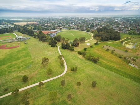 Aerial view of sports oval at Bcentennial Park in Chelsea, Melbourne, Australiaの写真素材