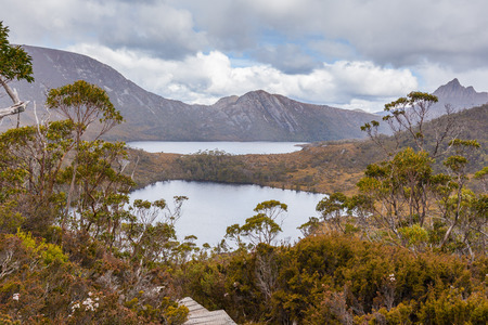 Wombat pool and Dove Lake in Cradle Mountain National Park, Tasmania, Australiaの写真素材