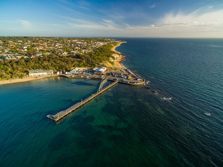 Aerial landscape view of Black Rock suburb pier and yacht club at sunset. Melbourne, Victoria, Australiaの写真素材
