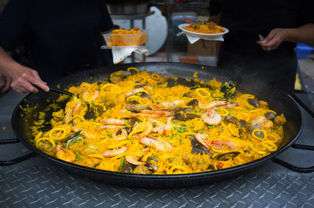 Huge frying pan with Mexican sea foodの写真素材