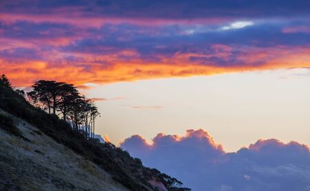 Tree silhouettes on a hill at golden sunset. Clouds glowing in orange minimalistic landscapeの写真素材