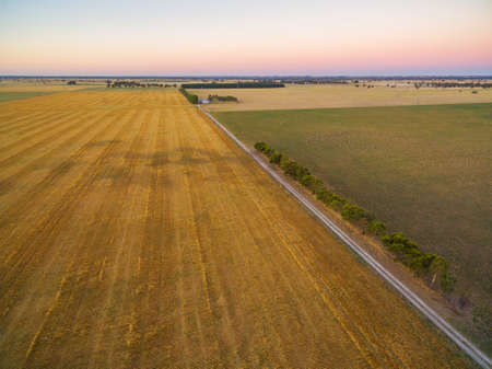 Aerial view of harvested field and green pasture at sunset in Australia