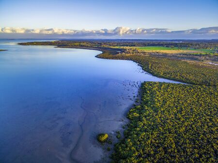 Aerial view of beautiful coastline near Hastings at dusk. Melbourne, Australiaの写真素材