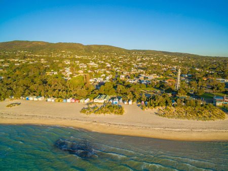Aerial view of colorful beach boxes in Rosebud and McCrae Lighthouse. Mornington Peninsula, Melbourne, Australiaの写真素材