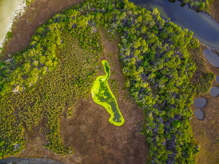 Aerial view looking down at Goat Island, Mallacoota, Australia. Native Australian vegetationの写真素材