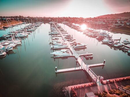 Aerial view of boats moored at Safety Beach Marina at sunset. Melbourne, Victoria, Australiaの写真素材