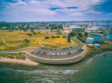 Aerial view of parking lot near ocean coastline at Williamstown suburb of Melbourne, Australia