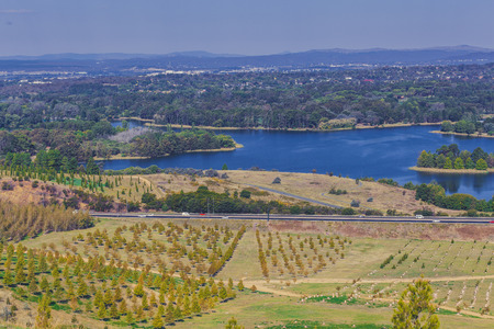 Aerial view of Lake Burley Griffin from National Arboretum, Canberra, Australiaの写真素材
