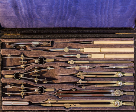 Set of vintage drawing instruments - top view closeupの写真素材