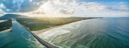 Aerial panorama of North Haven Beach and Camden Inlet. NSW, Australia