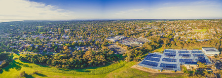Aerial panorama of Frankston suburb and netball courts in Jubilee park in Melbourne, Australiaの写真素材