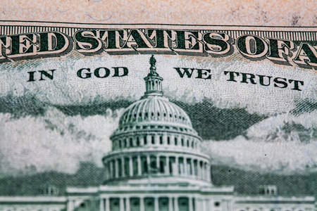 Extreme closeup of United States Capitol depicted on 50 USD bill reverse with the words In God We Trust. Shallow depth of fieldのeditorial素材