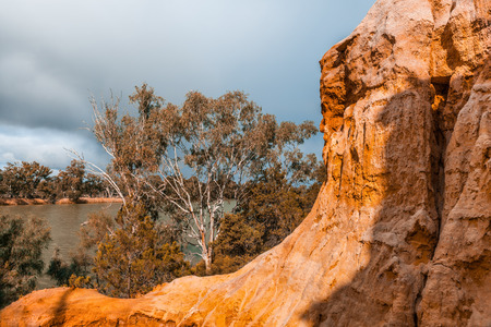Sandstone eroding cliffs and gum trees on the shores of Murray River. Riverland, South Australiaの写真素材