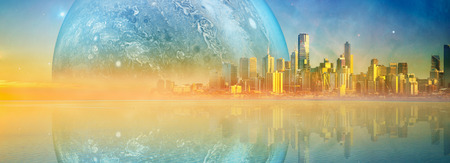 Fantasy landscape modern megapolis skyline and huge alien planet reflecting in tranquil waters at sunset. Elements of this image are furnished by NASAのeditorial素材