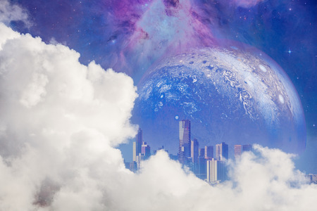 Fantasy unreal landscape - beautiful white clouds reveal modern city skyscrapers and huge alien planet with galaxy.の写真素材
