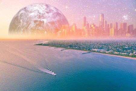 Fantasy aerial landscape - boat sailing near ocean coastline with modern city skyline and huge alien...