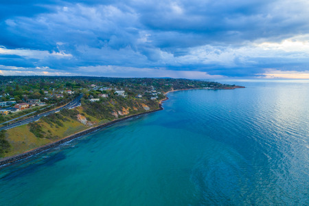 Aerial view of Oliver's Hill luxury real estate area on Mornington Peninsula at sunsetの写真素材