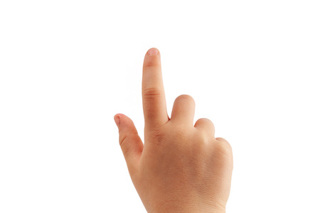Little girl's right hand tapping with index finger isolated on white backgroundの写真素材