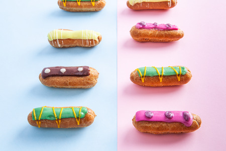 Yummy decorated eclairs closeup