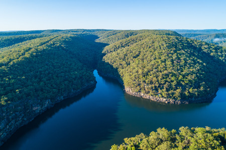 Aerial landscape of scenic Lake Nepean and green forested hills. Bargo, New South Wales, Australiaの写真素材