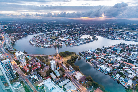 Gold Coast viewed from the observation tower at sunsetの写真素材