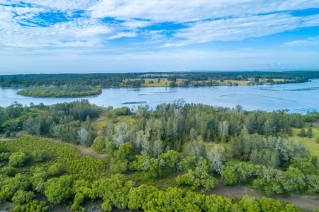Aerial view of trees and river in Australiaの写真素材