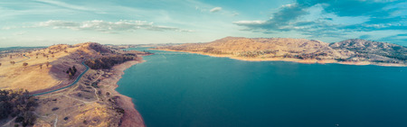 Murray River flowing into Lake Hume - aerial panorama. New South Wales, Australiaの写真素材