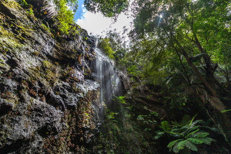 Looking up at beautiful waterfall falling from rocks in the jungleの写真素材