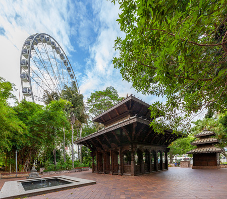 Nepalese Peace Pagoda at southbank park and observation wheel in Brisbane, Australiaの写真素材