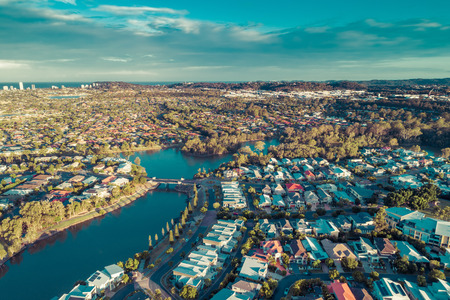 Varsity Lakes suburb luxury real estate at sunset. Gold Coast, Queensland, Australia - aerial landscapeの写真素材