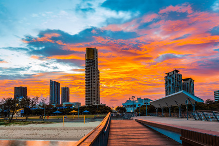 Beautiful vivid orange sunset on Gold Coast, Queensland, Australiaの写真素材