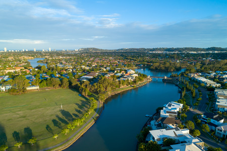 Aerial view of Reedy creek and luxury houses. Varsity Lakes, Gold Coast, Queensland, Australiaの写真素材
