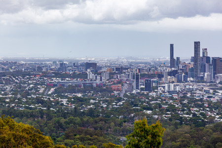 Brisbane city on overcast day viewed from mount Coot-tha lookoutの写真素材