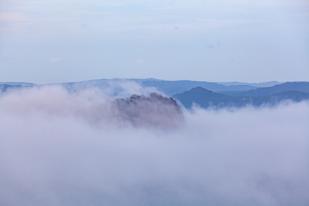 Low clouds hiding the Lion Island at Box Head, Sydney, Australiaの写真素材