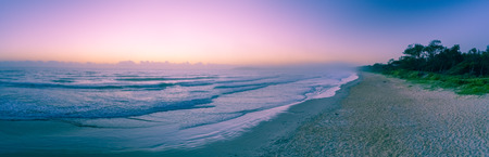 Wide panorama of ocean beach and coastal vegetatioin at dawn with copy spaceの写真素材