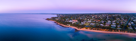 Wide aerial panorama of Mount Eliza coastline at dusk. Mornington Peninsula, Victoria, Australiaの写真素材