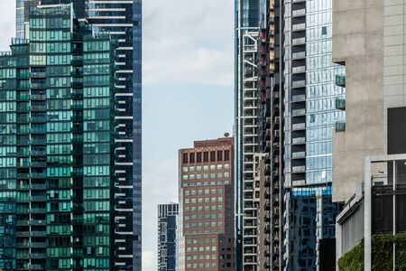 Melbourne, Australia - March 11, 2019: High rise skyscrapers office buildings closeup