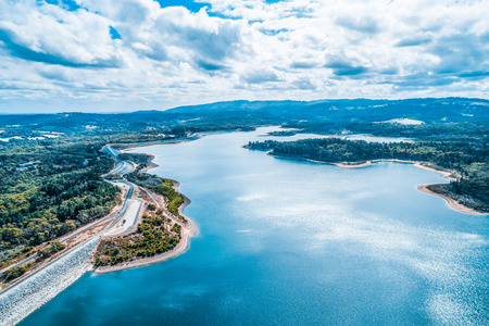 Aerial view of scenic Cardinia Reservoir and surrounding forestの写真素材
