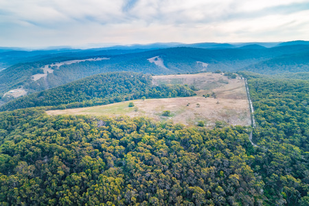 Aerial landscape of forest and hills in Victoria, Australiaの写真素材
