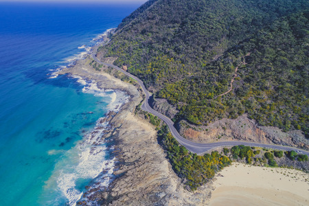 Aerial view of Great Ocean Road near Lorne, Australiaの写真素材