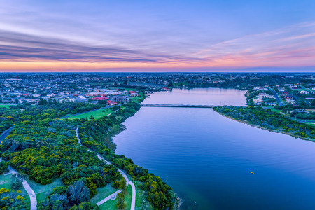 Warrnambool and Hopkins River at dusk - aerial landscapeの写真素材