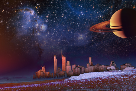 Fantasy landscape - modern city skyline over dune and mist.の写真素材
