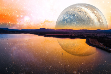 Fantasy landscape of lonely boat sailing across scenic lake on alien planet.
