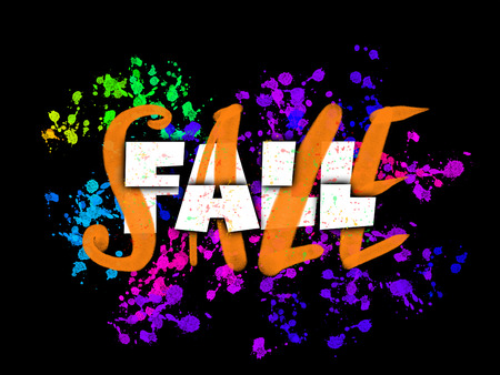Fall Sale sign with typography, brush lettering and glowing ink blots on black backgroundの写真素材