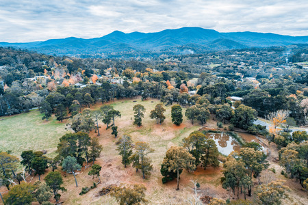 Aerial view of grasslands and trees in autumn in Victoria, Australiaの写真素材