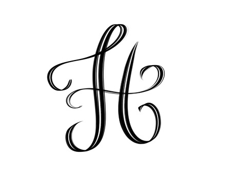 Ornate letter H script brush hand lettering isolated on white backgroundの写真素材