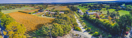 Wide aerial panorama of scenic vineyard and surrounding countryside. Mornington Peninsula, Melbourne, Australiaの写真素材