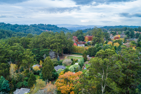 Aerial landscape of Dandenong Ranges in autumn. Melbourne, Victoria, Australiaの写真素材